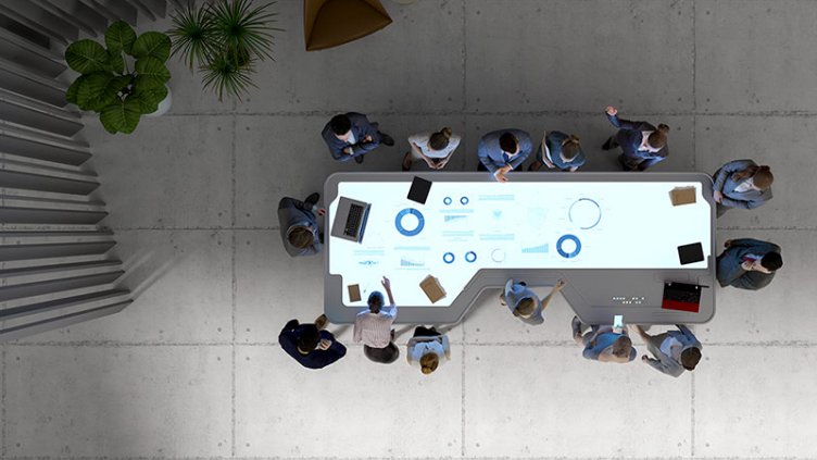 Group of business people with futuristic working desk