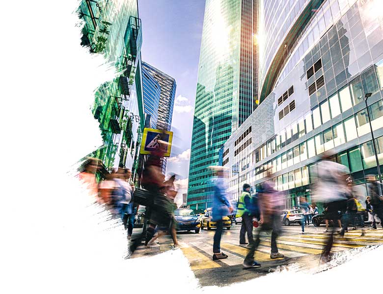 pedestrian crossing road in busy city