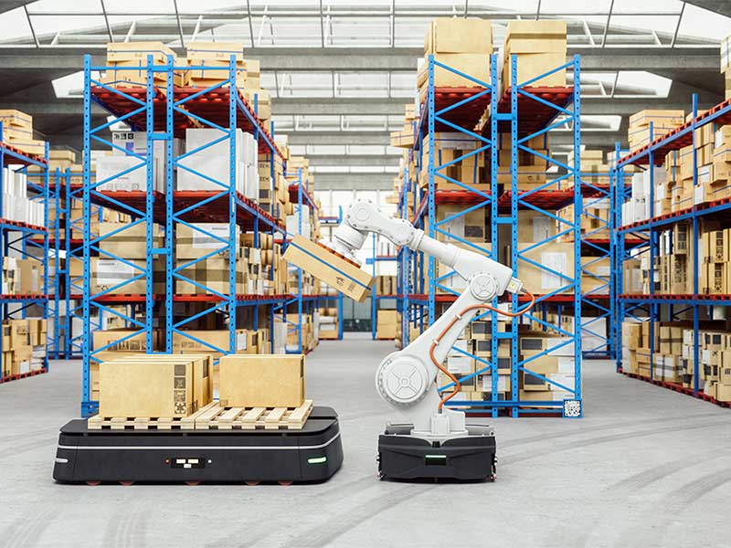 A robotic machine handling packages in warehouse