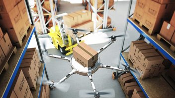 drone work in classic warehouse 3d image